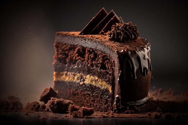 Una rebanada de pastel de chocolate con una capa de chocolate encima.