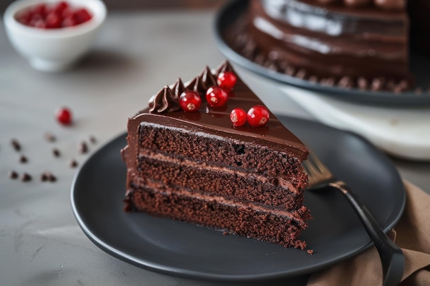 Una rebanada de pastel de chocolate con cerezas en un plato