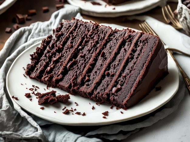 Una rebanada de pastel de chocolate con chispas de chocolate en un plato.