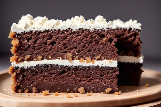 Una rebanada de pastel de chocolate con crema de coco encima