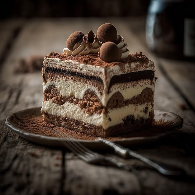 Una rebanada de pastel con chocolate y crema encima.