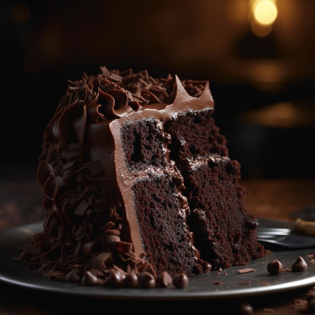 Una rebanada de pastel de chocolate con una cruz cortada.