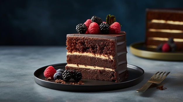 Una rebanada de pastel de chocolate con frambuesas encima