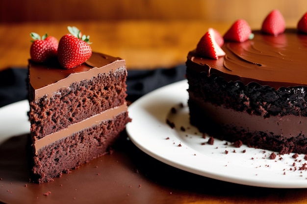 Una rebanada de pastel de chocolate con una fresa encima