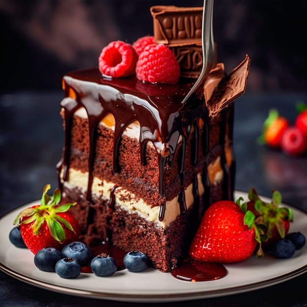 Una rebanada de pastel de chocolate con fresas llena de chocolate