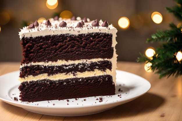 Una rebanada de pastel de chocolate con glaseado blanco y virutas de chocolate.