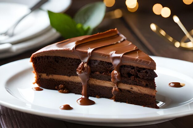 Una rebanada de pastel de chocolate con glaseado de chocolate encima