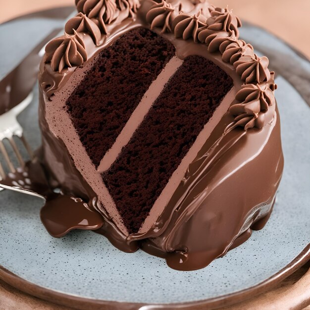 Una rebanada de pastel de chocolate con glaseado de chocolate y glaseado de chocolate.