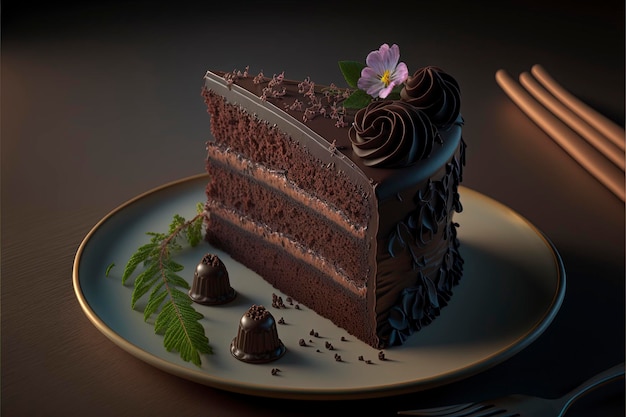 una rebanada de pastel de chocolate con glaseado de chocolate