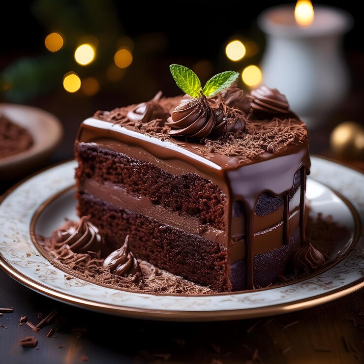 Una rebanada de pastel de chocolate con hojas verdes en la parte superior