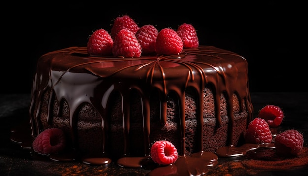 Rebanada de pastel de chocolate indulgente con bayas frescas generada por IA
