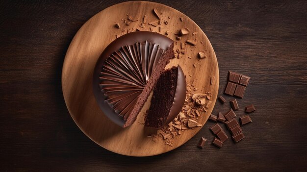 Una rebanada de pastel de chocolate en una mesa de madera.
