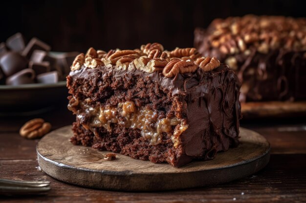 Foto una rebanada de pastel de chocolate con nueces encima