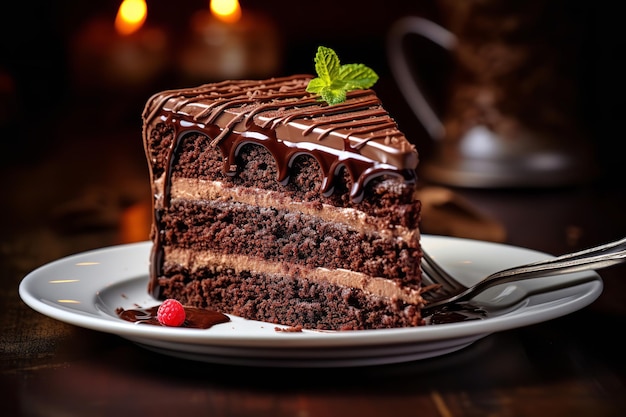 Rebanada de pastel de chocolate en plato de postre