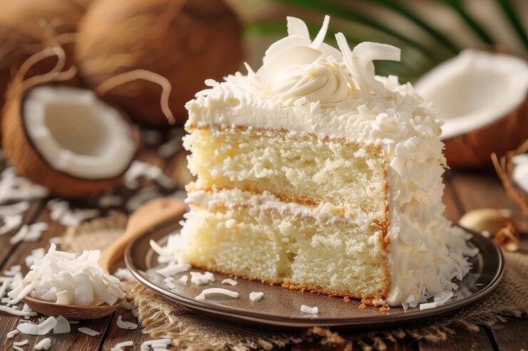 Una rebanada de pastel de coco con capas esponjosas y glaseado cremoso adornado con escamas de coco servido en un plato