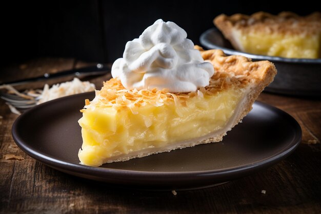 Una rebanada de pastel de coco de piña con una corteza escamosa