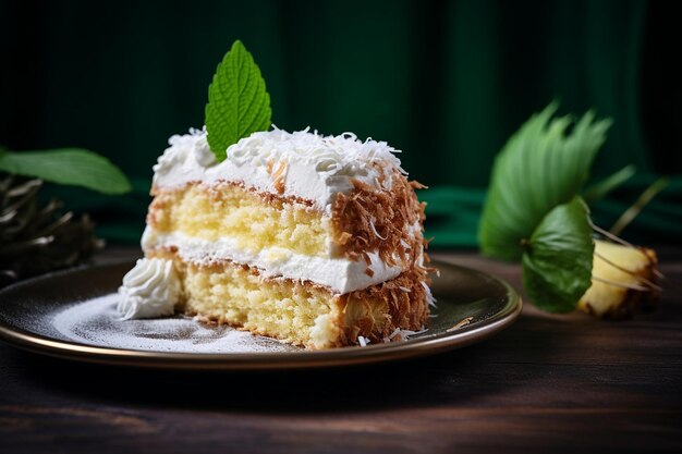 Una rebanada de pastel de coco de piña en un plato de postre con crema batida