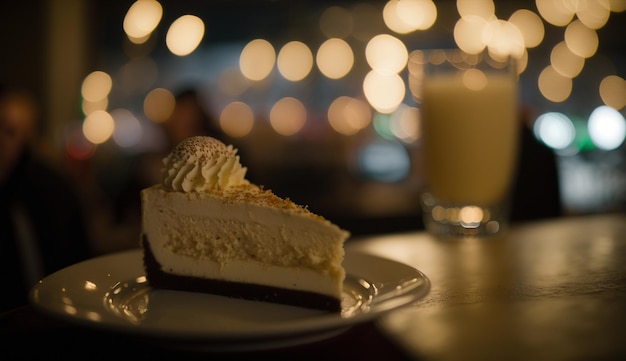 Una rebanada de pastel de coco se sienta en una mesa junto a un vaso de cerveza.