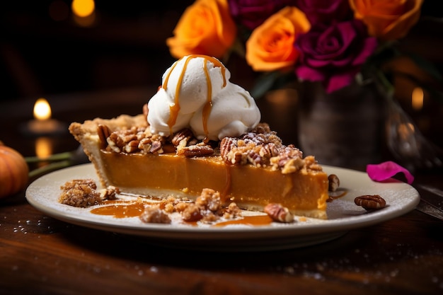 Una rebanada de pastel de crema de calabaza para el menú de otoño