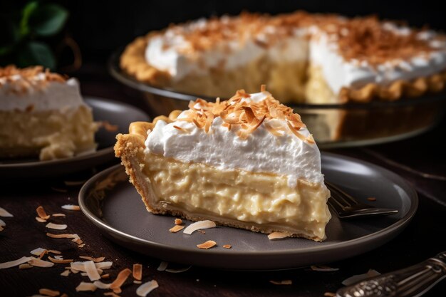 Una rebanada de pastel de crema de coco en un plato