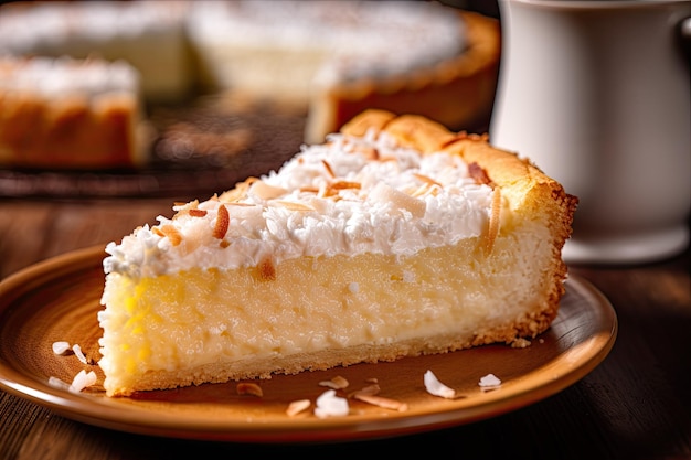 Una rebanada de pastel de crema de coco con una taza de café al lado.