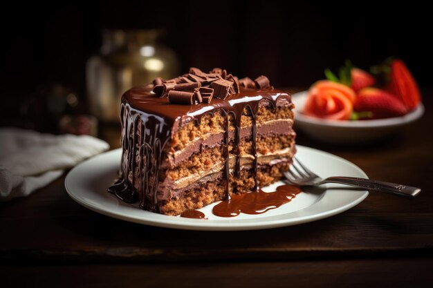 Rebanada de pastel de cumpleaños con capas de chocolate Postre de glaseado de chocolate