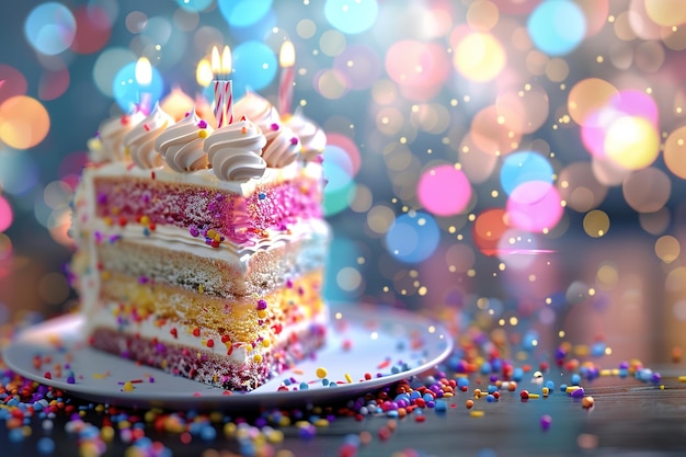 Una rebanada de pastel de cumpleaños con velas encendidas y salpicaduras coloridas de fondo bokeh