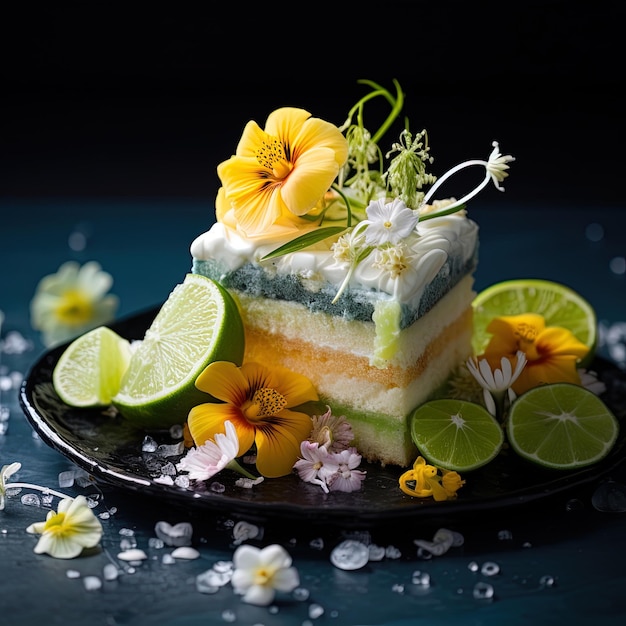 Foto una rebanada de pastel con una cuña de limón en la parte superior.