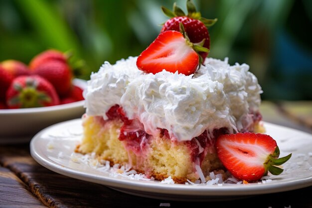 Foto una rebanada de pastel de fresa servida con un lado de coulis de fruta de la pasión