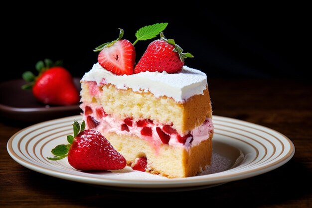 Una rebanada de pastel de fresa servida con un lado de coulis de fruta de la pasión