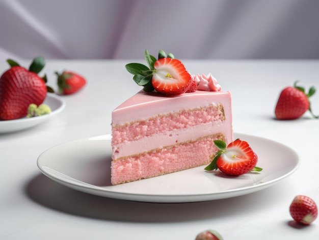 Rebanada de pastel con glaseado rosa y ai generativo de fresas