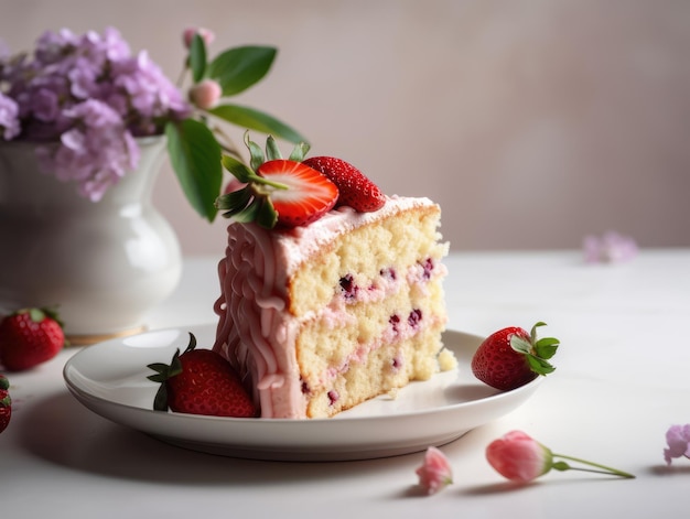 Rebanada de pastel con glaseado rosa y ai generativo de fresas