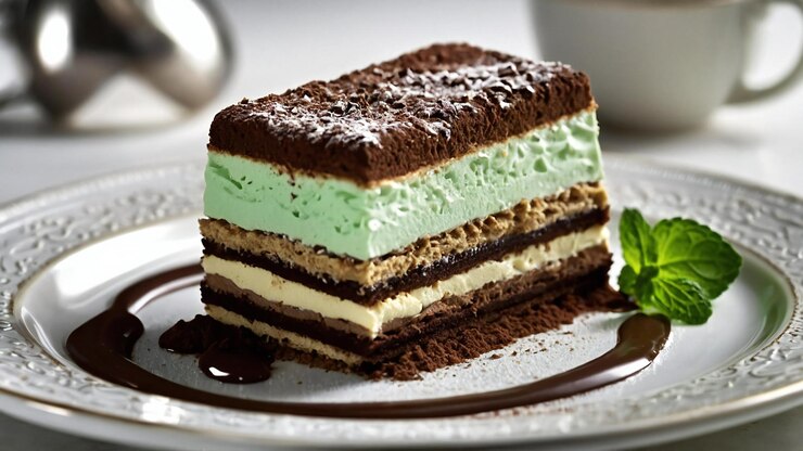 una rebanada de pastel con hojas de menta en él se sienta en un plato
