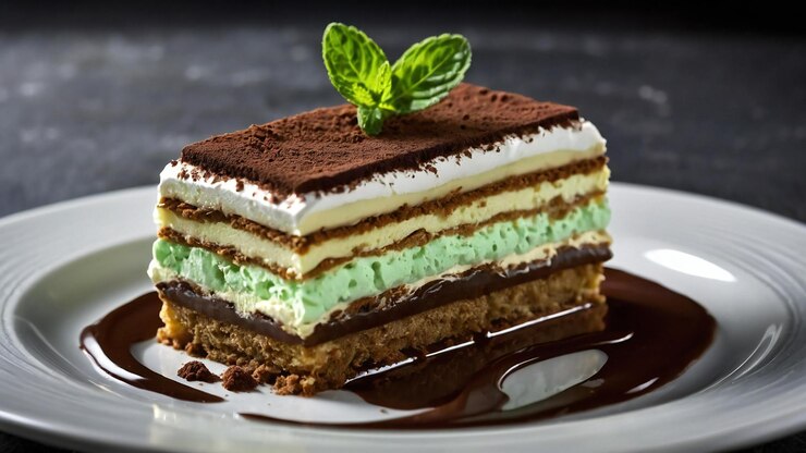 una rebanada de pastel con hojas de menta en él se sienta en un plato