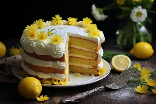 una rebanada de pastel con un limón en el lado