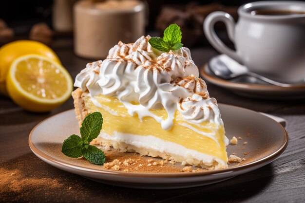 Foto una rebanada de pastel de limón con una taza de cuajada