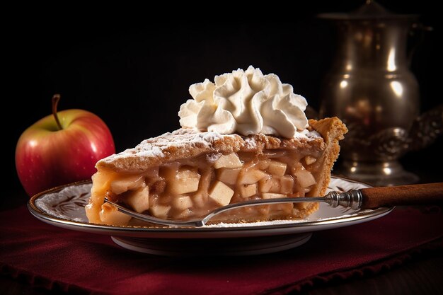 Foto una rebanada de pastel de manzana con crema batida servida en un plato