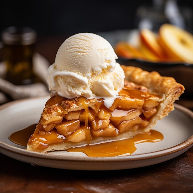 Foto una rebanada de pastel de manzana con cuchara de vainilla y caramelo encima