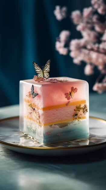 Una rebanada de pastel con una mariposa en la parte superior