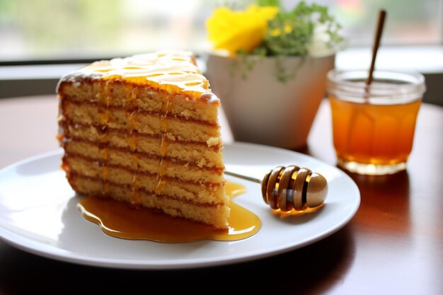 Foto una rebanada de pastel de miel con un vaso de té