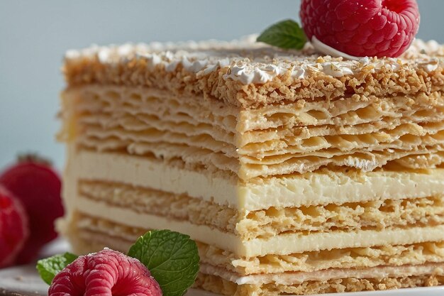 Rebanada de pastel Napoleón con un enfoque en las capas cremosas