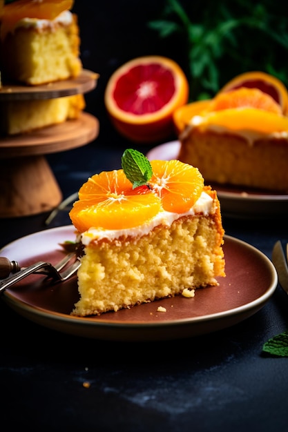 Una rebanada de pastel con naranjas en la parte superior de la IA generativa