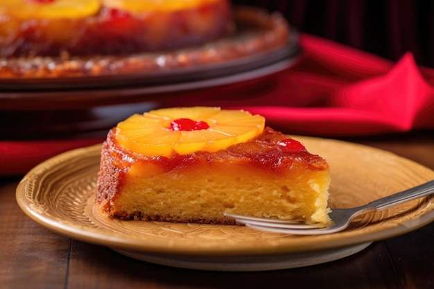 Rebanada de pastel de piña al revés en un plato creado con IA generativa