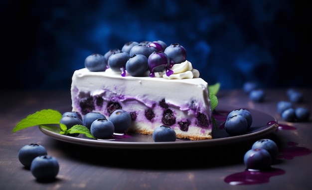 Una rebanada de pastel de queso de arándanos con arándanos frescos en un plato oscuro