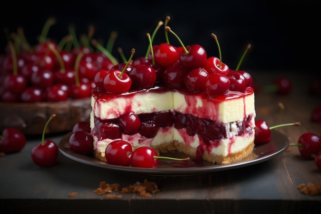 Una rebanada de pastel de queso de cereza con una deliciosa cubierta en un plato con cerezas esparcidas