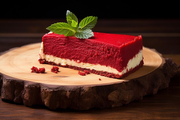 Una rebanada de pastel de queso de chocolate con bebida roja