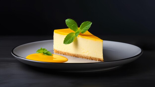 Una rebanada de pastel de queso clásico con un brillante glaseado de mango y menta fresca en la parte superior