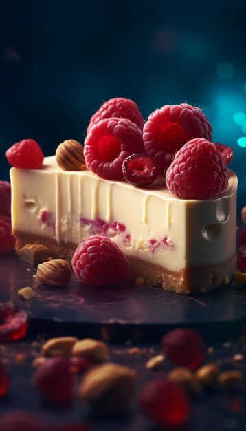 Una rebanada de pastel de queso con frambuesas y frambuesas encima