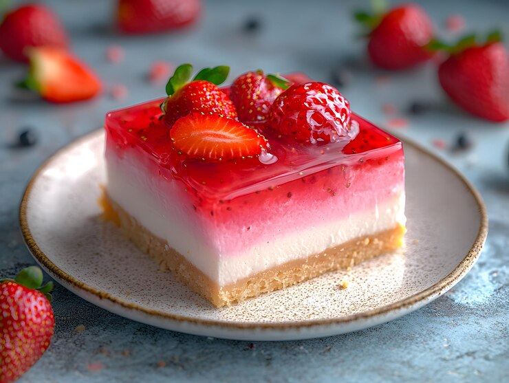 una rebanada de pastel de queso de fresa con fresa de fresa generada por la IA