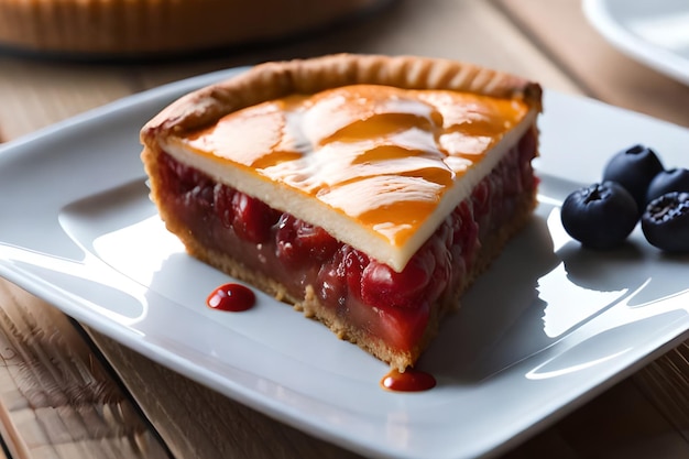 Una rebanada de pastel de ruibarbo en un plato con una cuchara.